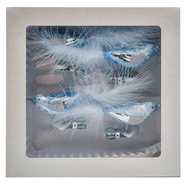 Vogel - eisblau, silber - mit Feder - 4er Set