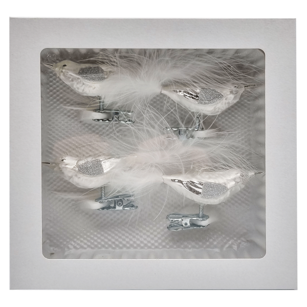 Vogel - silber, weiß - mit Federn - 4er Set