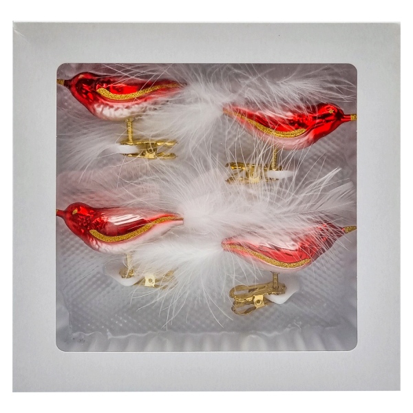 Vogel - weiß, rot, gold - mit Feder - 4er Set