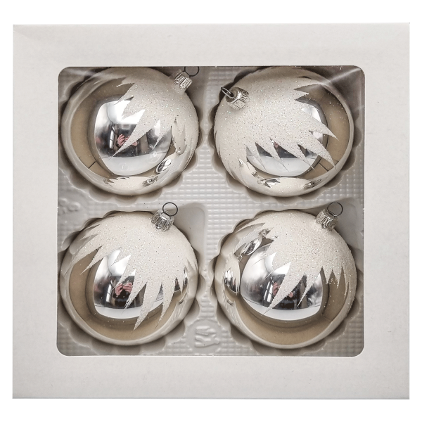 Christbaumkugel-Set - silber mit Glimmerdach - 4 Stk - 8cm Kugeln