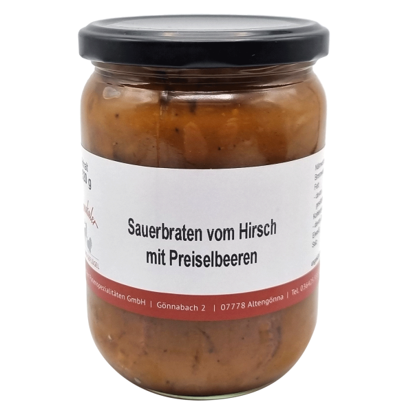 Sauerbraten vom Hirsch mit Preiselbeeren- im Glas