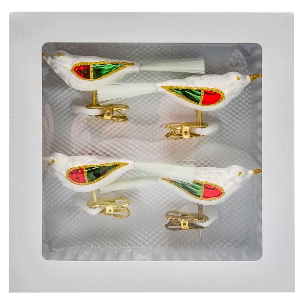 Vogel - weiß, rot, grün - mit Glasfaßer-Schwanz - 4er Set